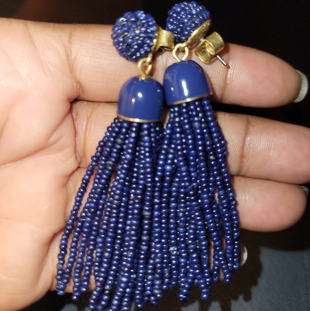 J Crew Blue Seed Bead Tassel Earrings Gold Tone Signed